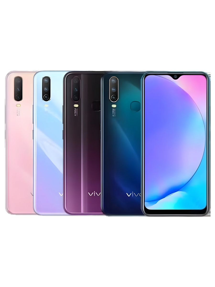 Vivo Y17 in Mineral Blue, Mystic Purple, Peach Pink, Peacock Blue. displayed from the back showing their camera modules.