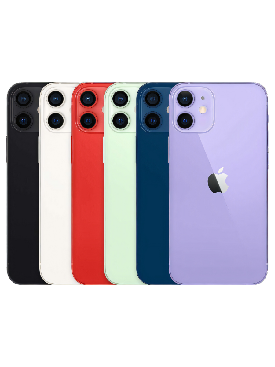 Iphone 12 mini in black, white, red, green, blue, purple. displayed from the back showing their camera modules.
