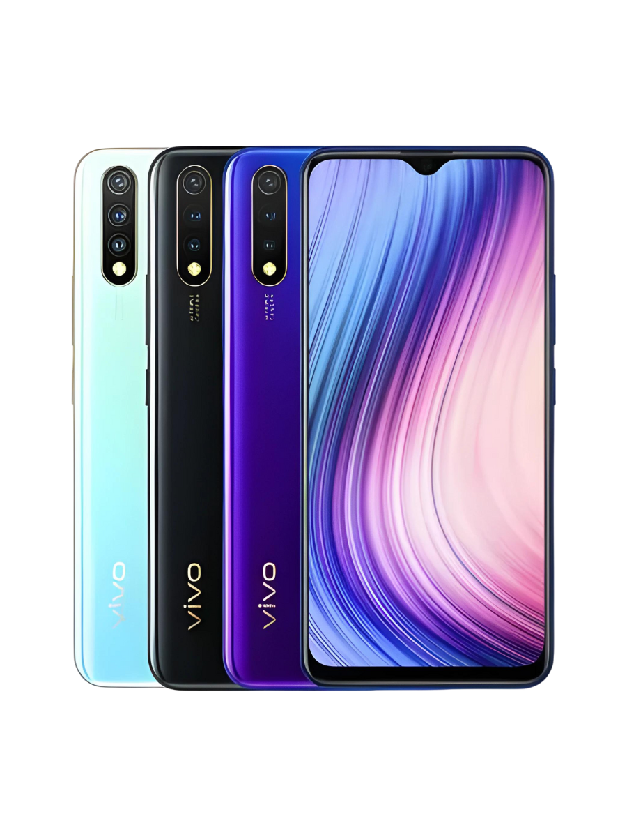 Vivo Y19 in Magnetic black, Spring white, Blue. displayed from the back showing their camera modules.
