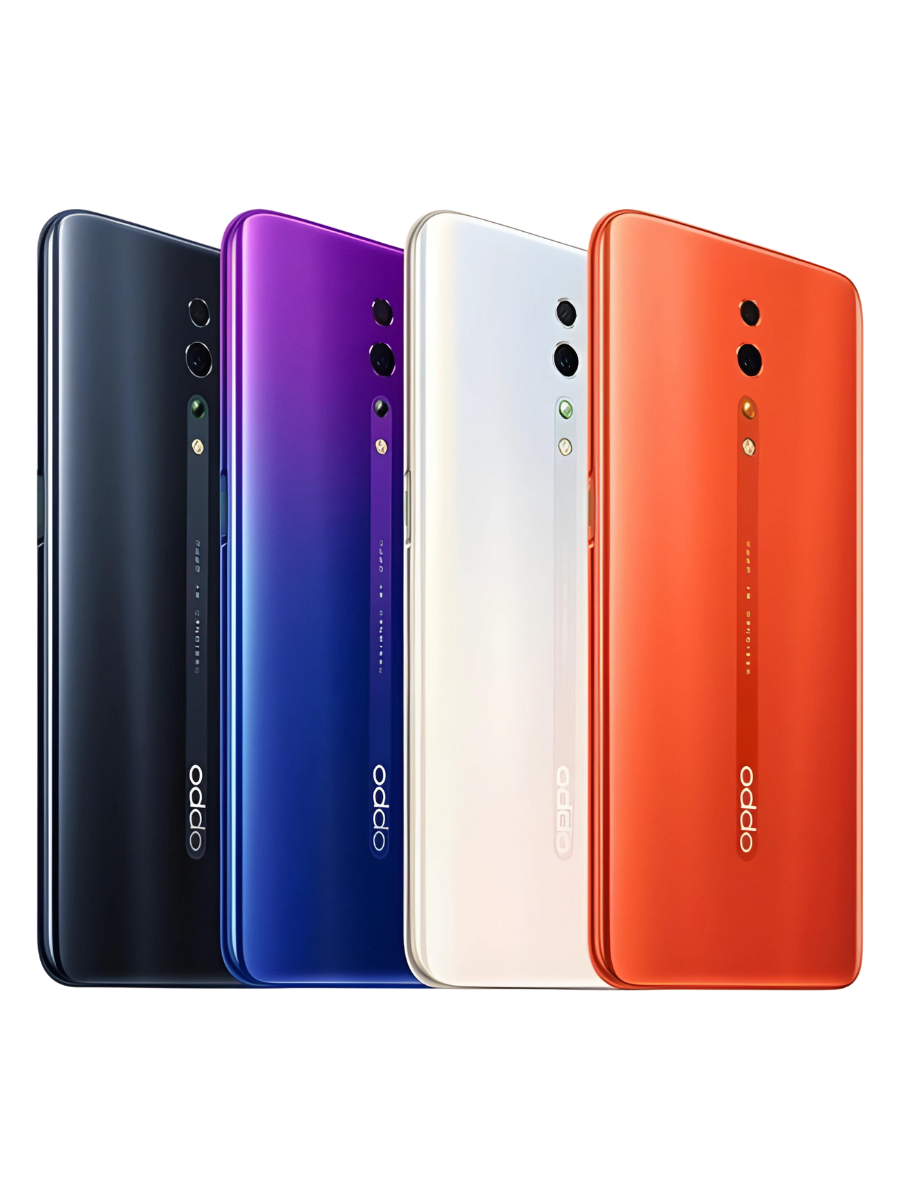 Oppo Reno Z in extreme night black, bead white, star purple, coral orange. displayed from the back showing their camera modules.