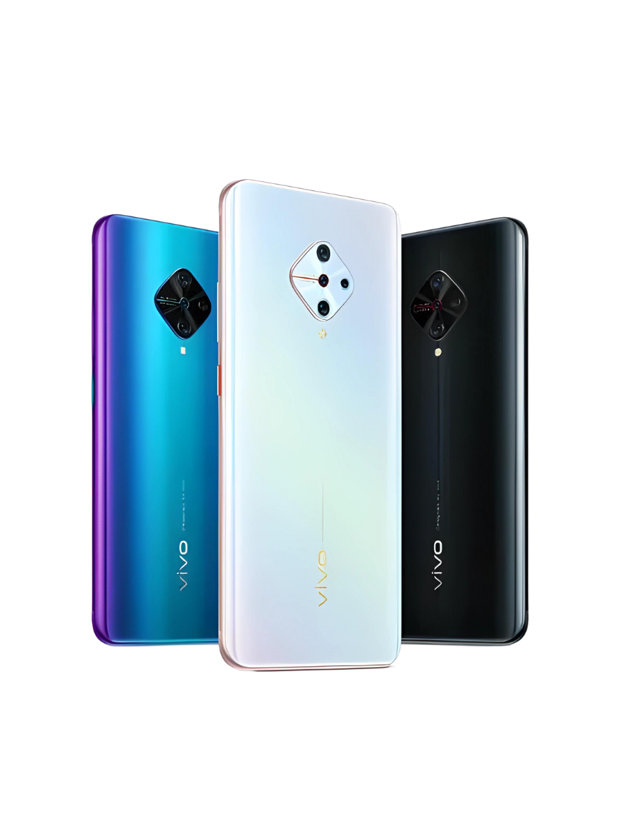 Vivo S1 Pro in Knight black, Sky white, Nebula Blue. displayed from the back showing their camera modules.