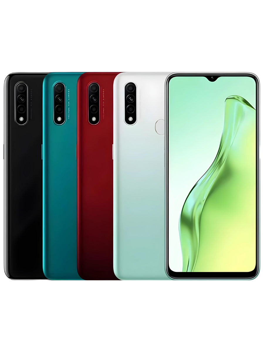 Oppo A31 in Mystery Black, Fantasy White,Lake Green, Passion Red. displayed from the back showing their camera modules.